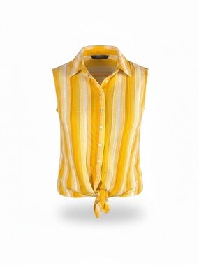 Rain M yellow/white stripe collared sleeveless button‎ up tied hem top